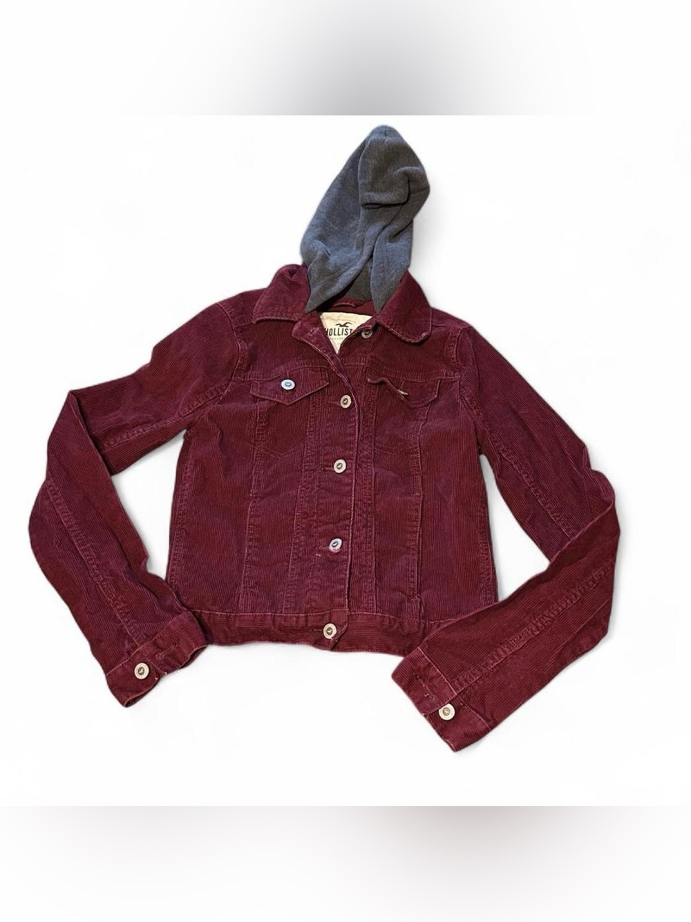 y2k hollister burgundy corduroy and gray hooded jacket